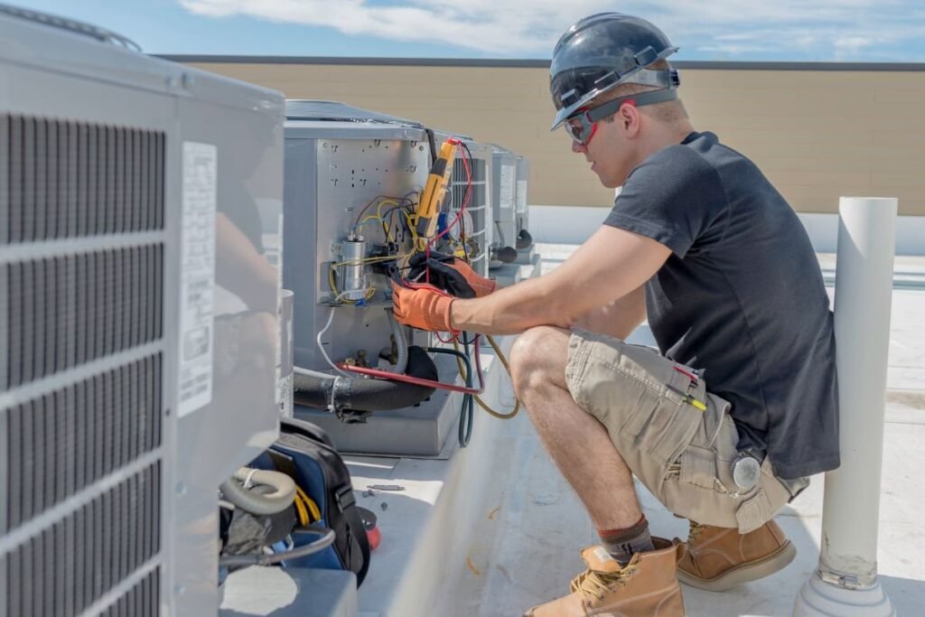 An expert person doing an HVAC troubleshooting.