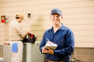 HVAC technician performing AC installation in Boca Raton, reviewing system details beside an outdoor unit with a clipboard in hand.