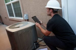 A man in a hard hat using a tablet to diagnose AC problems while inspecting an air conditioner unit.