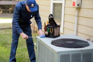 Technician in blue overalls servicing a 2-ton AC unit, showcasing expert maintenance and energy-efficient home cooling solutions.
