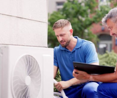 Two HVAC technicians in blue shirts performing Carrier 3-ton AC unit installation at a residential property.