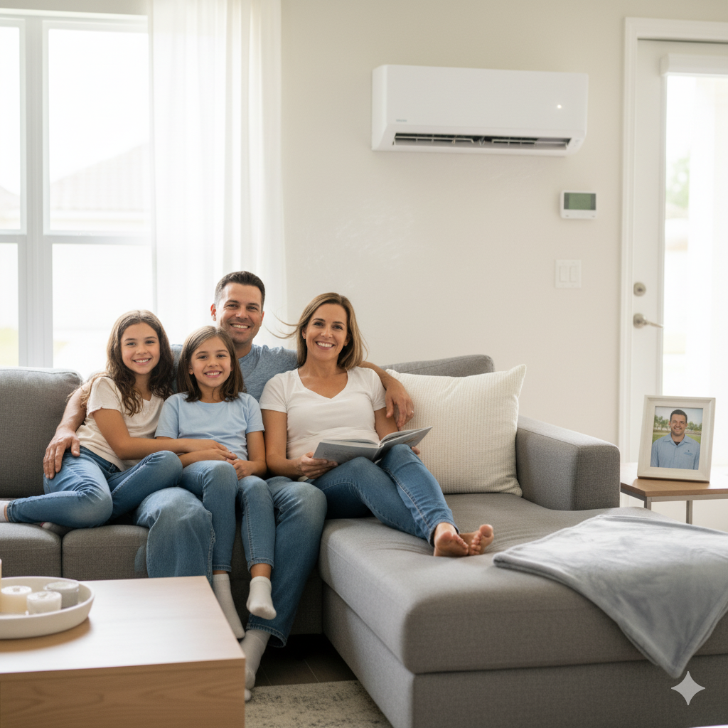 Professional HVAC Technicians in Coral Springs FL | Service You Can Trust 2 A family relaxes on a couch, enjoying cool air from a window air conditioner in their living room.