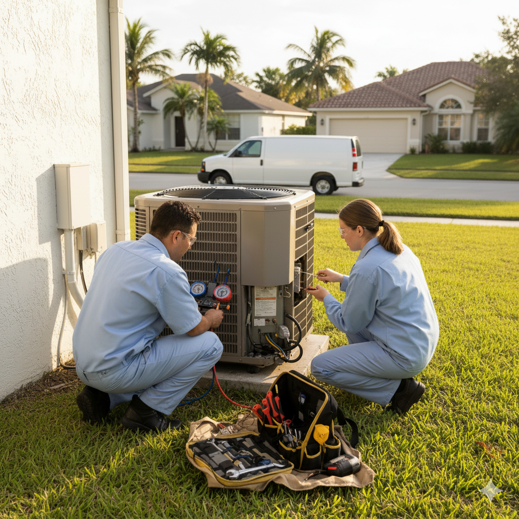 Professional HVAC Technicians in Coral Springs FL | Service You Can Trust 1 Two men performing maintenance on an air conditioner, showcasing reliable HVAC services in action.