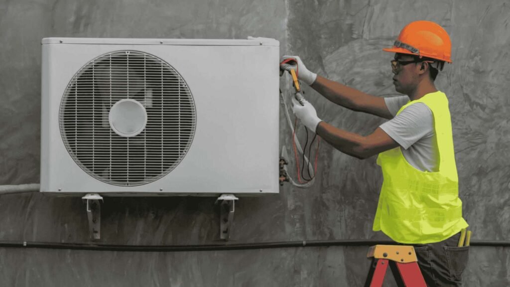 An AC installation technician in a hard hat and safety vest uses a multimeter to test an outdoor AC condenser unit.