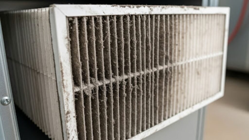 A dirty air conditioner showing a clogged filter, indicating poor maintenance and reduced air quality.