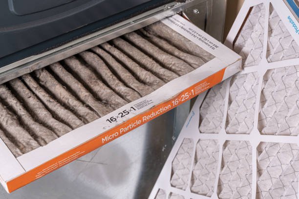 A box of air filters placed on a washing machine, indicating the need for replacement due to dirt or clogging.
