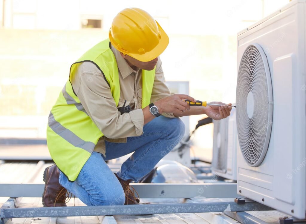 A man in a hard hat and safety vest repairs an air conditioner, representing an HVAC contractor at work.