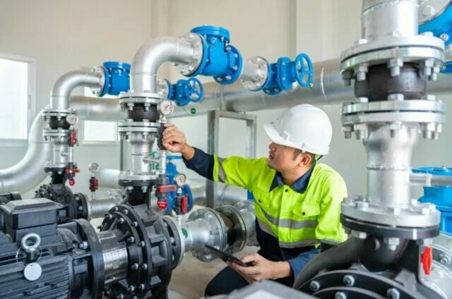 certified HVAC technician inspecting heat pump components