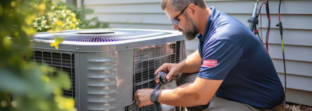 HVAC technician performing AC system diagnostics and troubleshooting